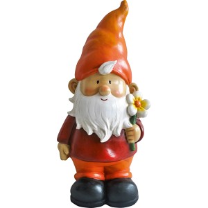 Stehender Gartenzwerg, 33 cm, mit Blume. Dekorative Gartenfigur aus Polyresin, ideal für den Außenbereich.