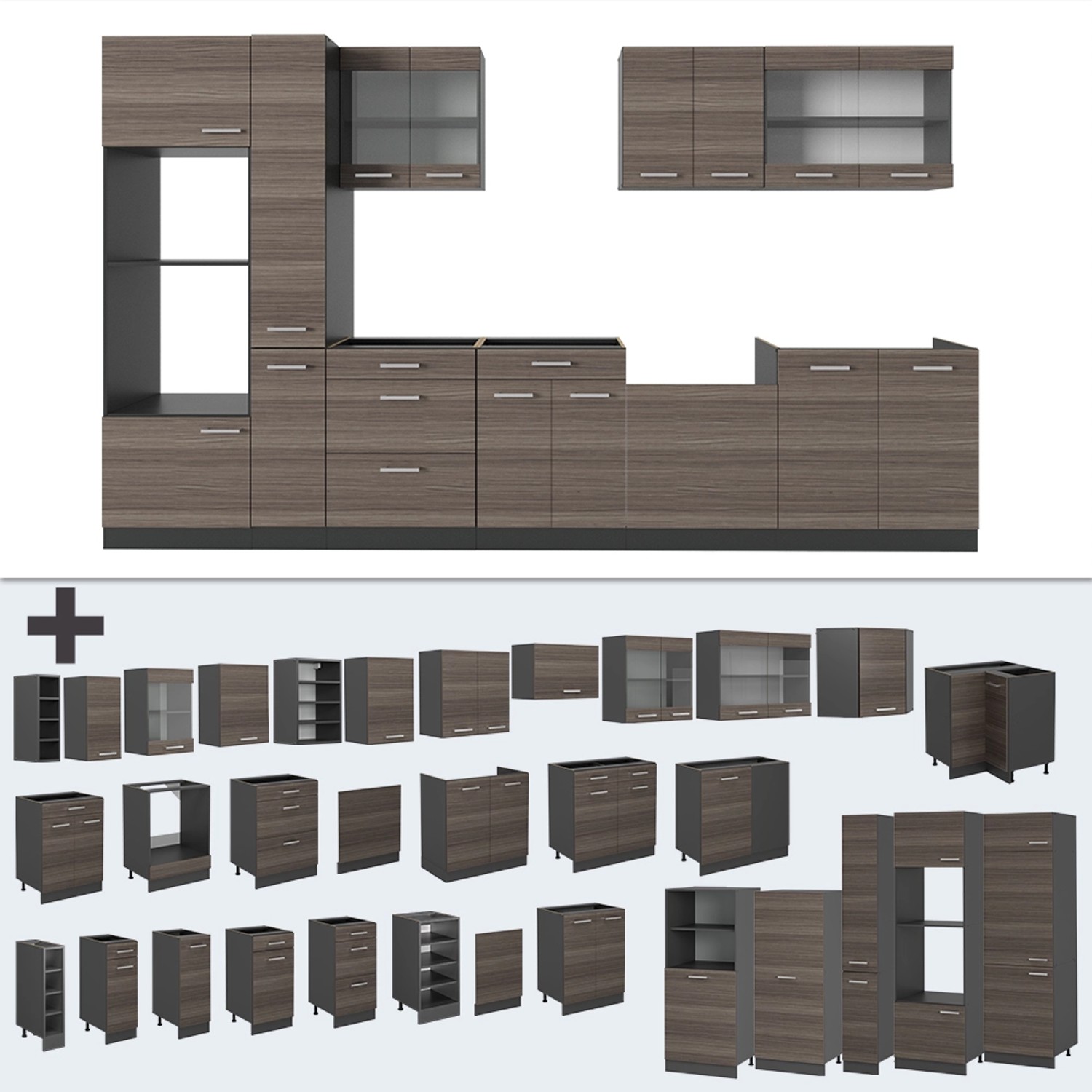 Vicco R-Line Küchenzeile, 350 cm, Edelgrau/Anthrazit, Arbeitsplatte in Marmoroptik. Küchenblock mit verschiedenen Modulen.