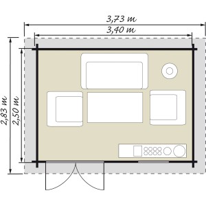 Grundriss Kiehn-Holz Holz-Gartenhaus KH 28-023, 340x250 cm. Gartenhaus mit Möbeln und Küchenzeile.