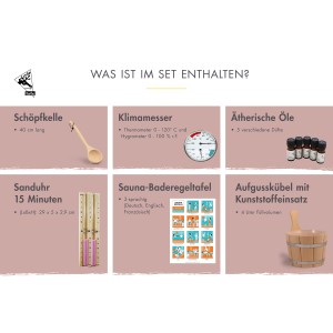 Karibu Sauna Zubehör Set Classic, 12-teilig: Schöpfkelle, Klimamesser, Sanduhr, Baderegel, Kübel und Öle.