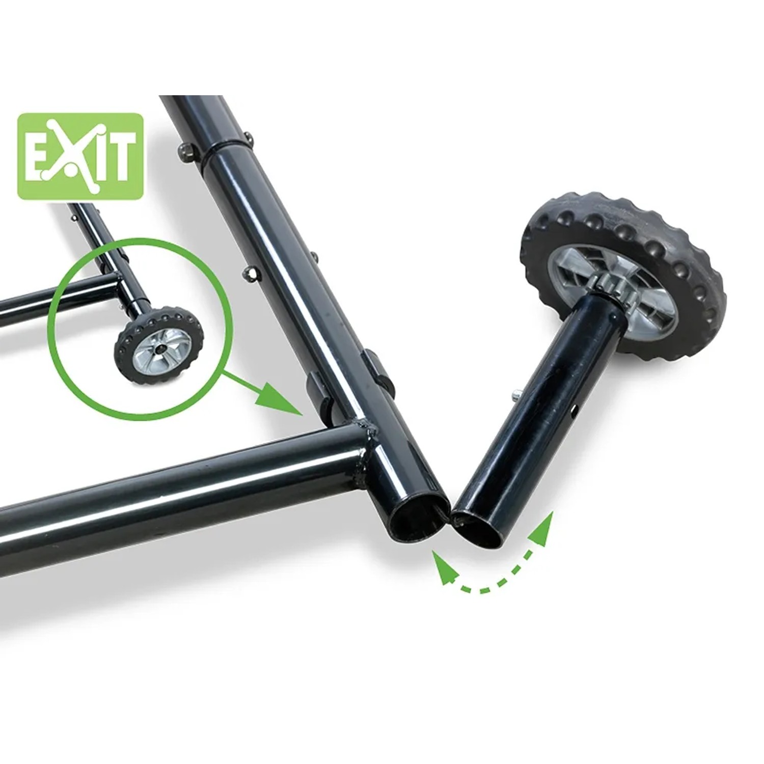 Detailaufnahme des EXIT Kickback Multisport Rebounder XL mit Fokus auf die Räder und das Stecksystem.
