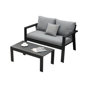 MeXo Gartenlounge Set, 2-Sitzer Sofa und Tisch, Aluminium, schwarz, mit grauen Polstern.