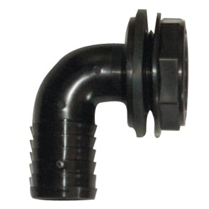 Schwarzer Garantia Regentonne Überlaufbogen (31,8 mm) als Zubehör für Regentonnen.