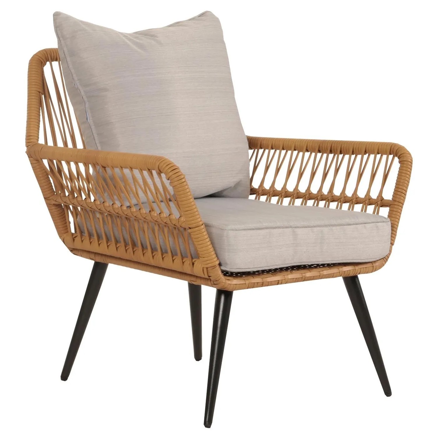 Proregal Poly-Rattan Stuhl in Hellgrau und Naturfarben, mit dicht geflochtenem Rattan und weichen Polstern. Gartenmöbel-Set.