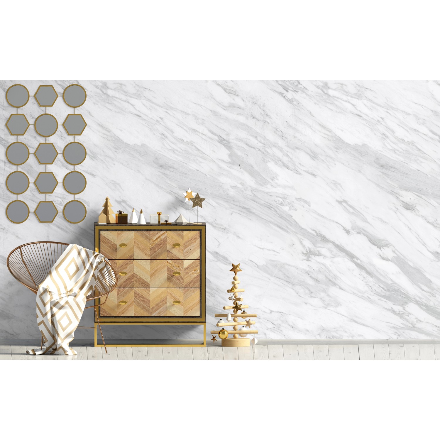 Wandpaneel in Marmoroptik "Marbre Volakas" von Grosfillex, 3D-Effekt, montiert im Raum.