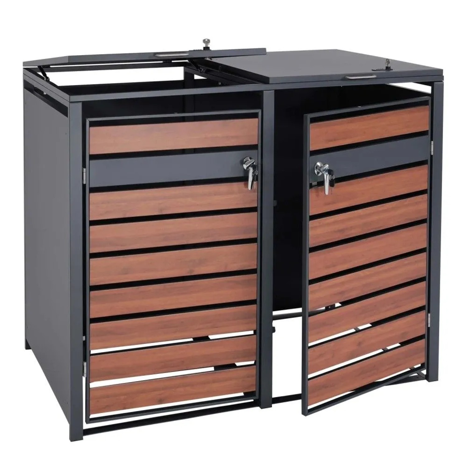 MCW 2er Mülltonnenverkleidung J81 Kirsche-Holzoptik Dunkelbraun 117x132x80cm