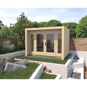 Unbehandeltes Weka Holz-Gartenhaus mit Flachdach, 305x250 cm, im Garten.