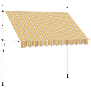 Ausgefahrene gelb-blau gestreifte Markise 300 cm mit weißem Rahmen, handbetrieben, ideal für Terrasse, Balkon, Garten.
