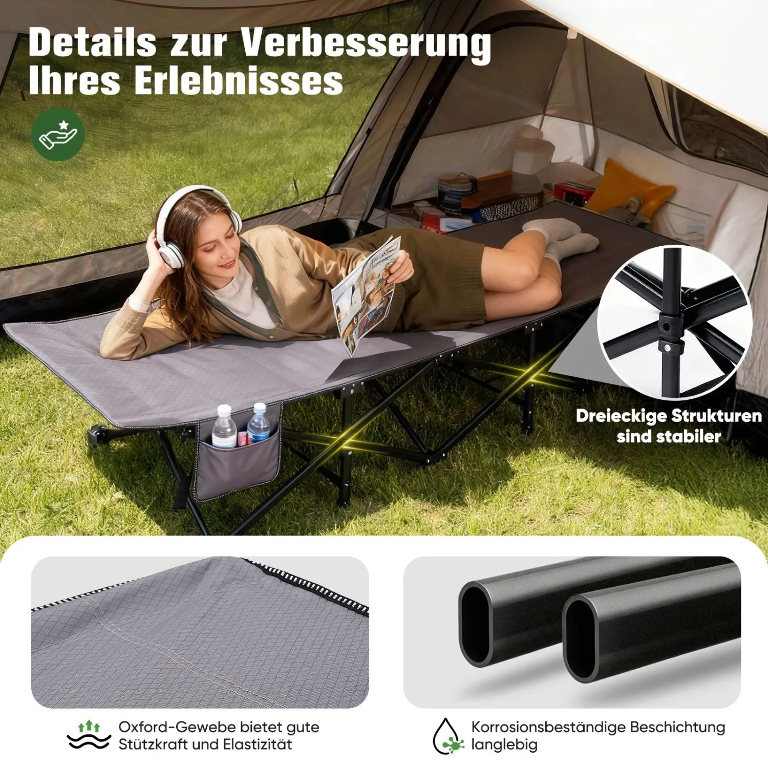 Sekey Campingbett, klappbare Feldbettliege mit Stahlrahmen, belastbar bis 200 kg. Frau liest entspannt im Zelt.