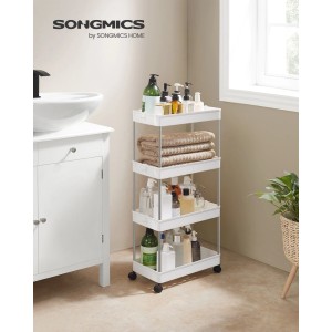 Weißes Songmics Küchenregal/Servierwagen mit 4 Ebenen im Badezimmer.