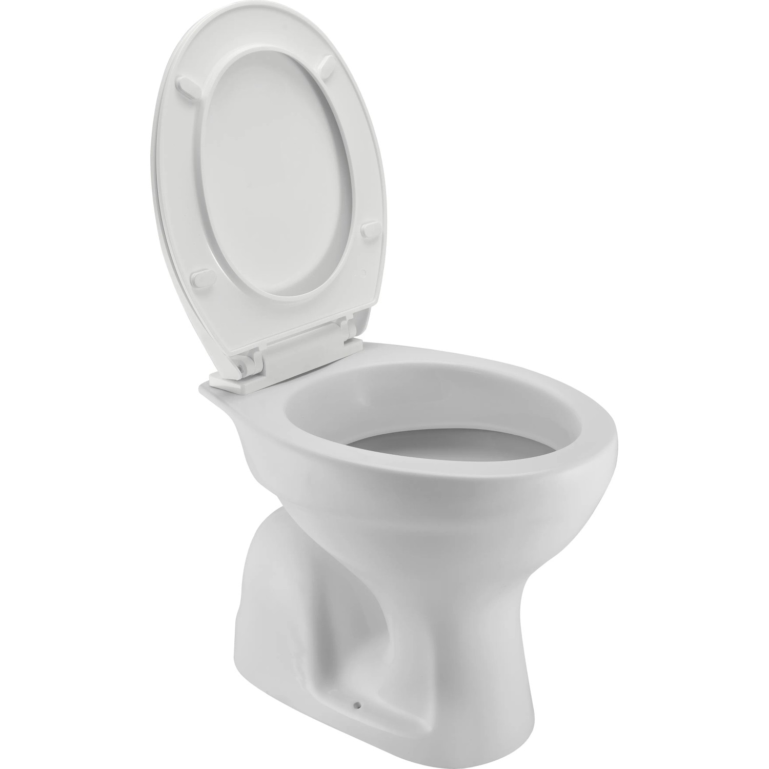 Weißes Stand-WC mit S-Abgang, 53x36x39 cm, Keramik, mit offenem Deckel.