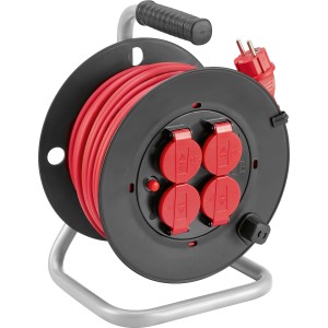 Kabeltrommel 25m für Außenbereich mit 4 roten Schutzkontakt-Steckdosen und Tragegriff.