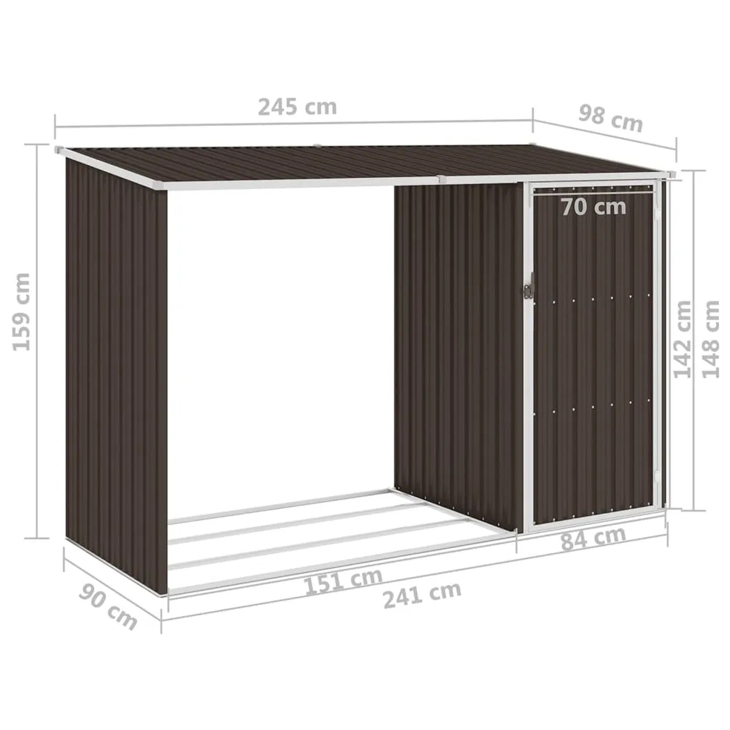 Braunes vidaXL Garten Brennholzlager aus verzinktem Stahl, 245x98x159 cm, mit Tür.