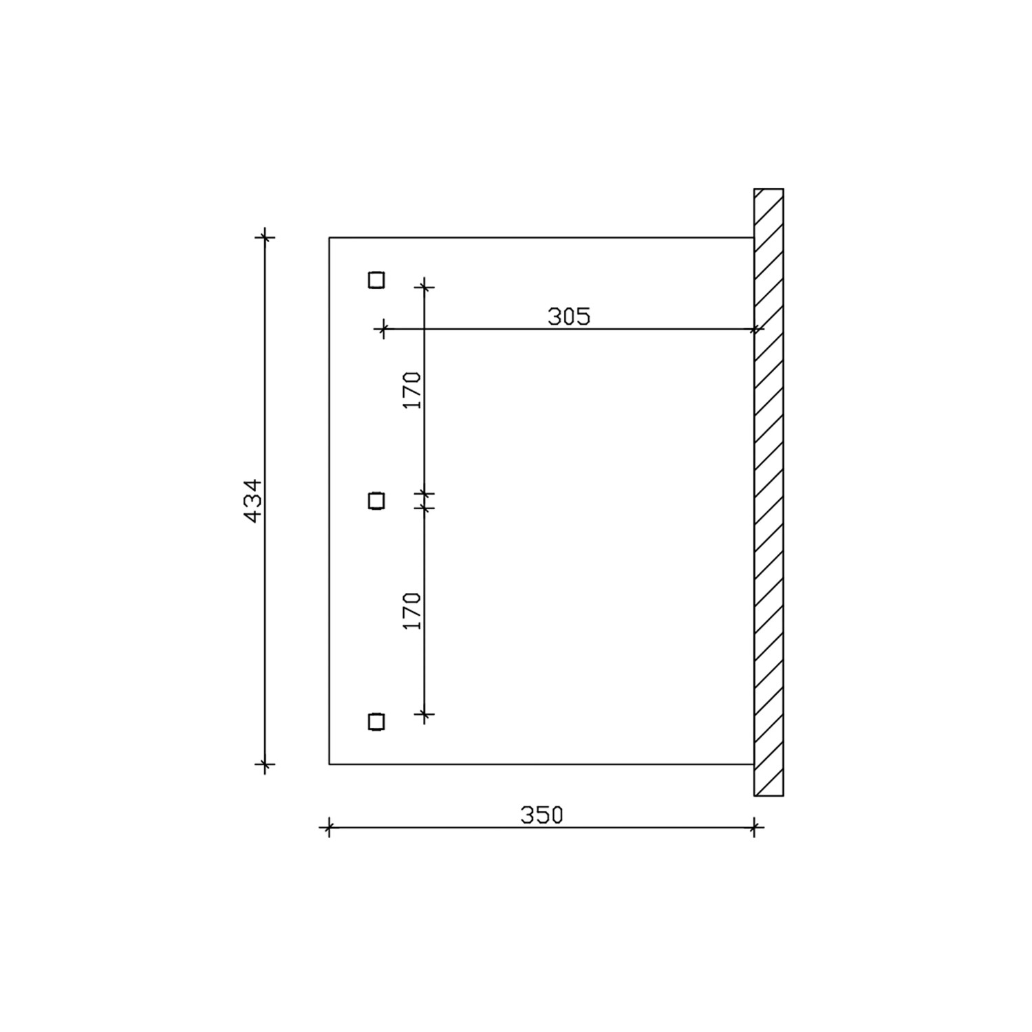 Technische Zeichnung der Skan Holz Terrassenüberdachung Rimini, Maße: 434 x 350 cm.