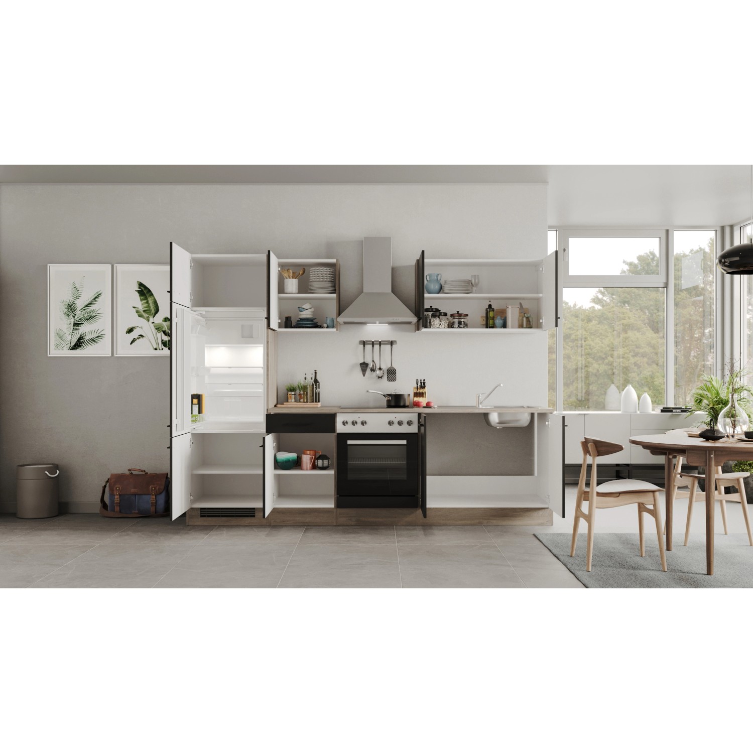 Flex-Well Küchenzeile Capri 270 cm, schwarz matt/Eiche Dekor, mit E-Geräten und Spüle.