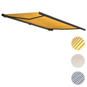 Elektrische Kassettenmarkise 5x3m in Gelb mit Anthrazitrahmen. Robuster Sonnenschutz für Terrasse und Balkon.