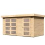 Karibu Holz-Gartenhaus Nürnberg Natur, 400x213 cm, mit zwei Doppeltüren mit Fenstern.