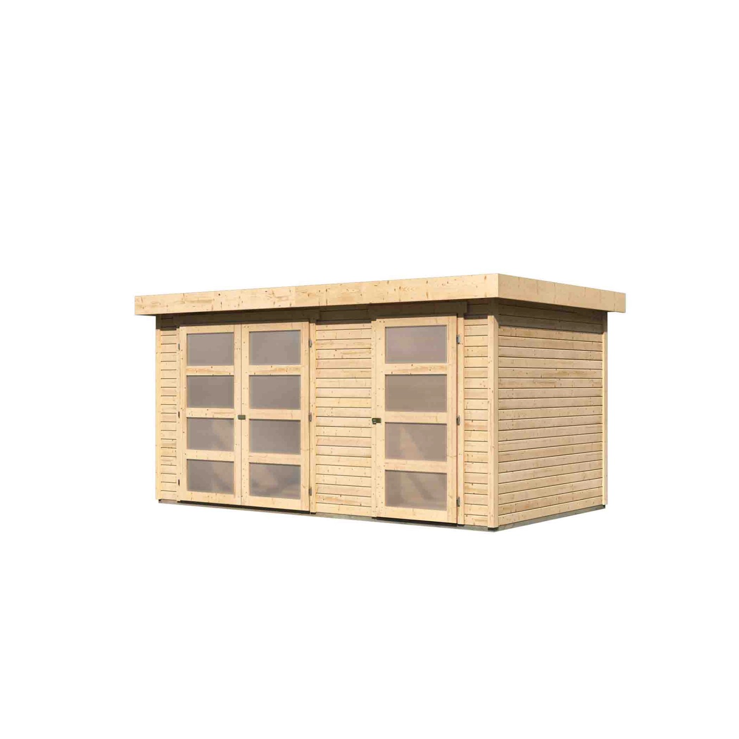 Karibu Holz-Gartenhaus Nürnberg Natur, 400x213 cm, mit zwei Doppeltüren mit Fenstern.