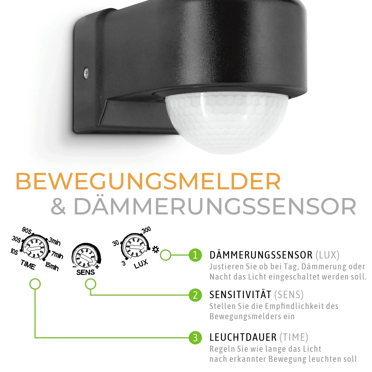 Detailaufnahme: SSC-LUXon NORSU LED Außenstrahler mit Bewegungsmelder, Einstellmöglichkeiten für Sensor.