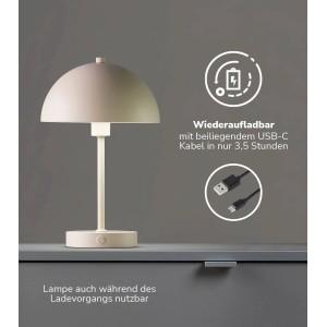 Beige mokebo LED Tischlampe „Leuchtturm“: Kabellose Akku-Leuchte, dimmbar, aufladbar für Innenräume.
