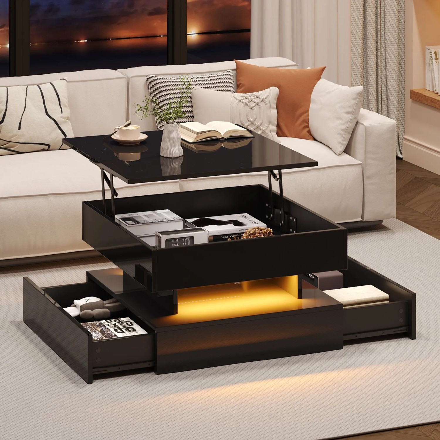 Merax Couchtisch Höhenverstellbar Mit LED 2 Schubladen Geometrisches Design Schwarz