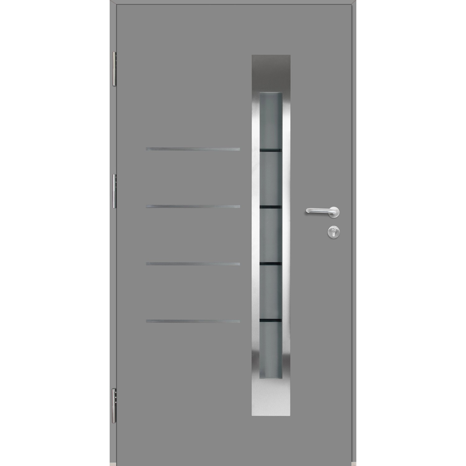 Graue Splendoor Thermospace Haustür Berlin Prime mit Glaseinsatz und Edelstahlapplikationen.