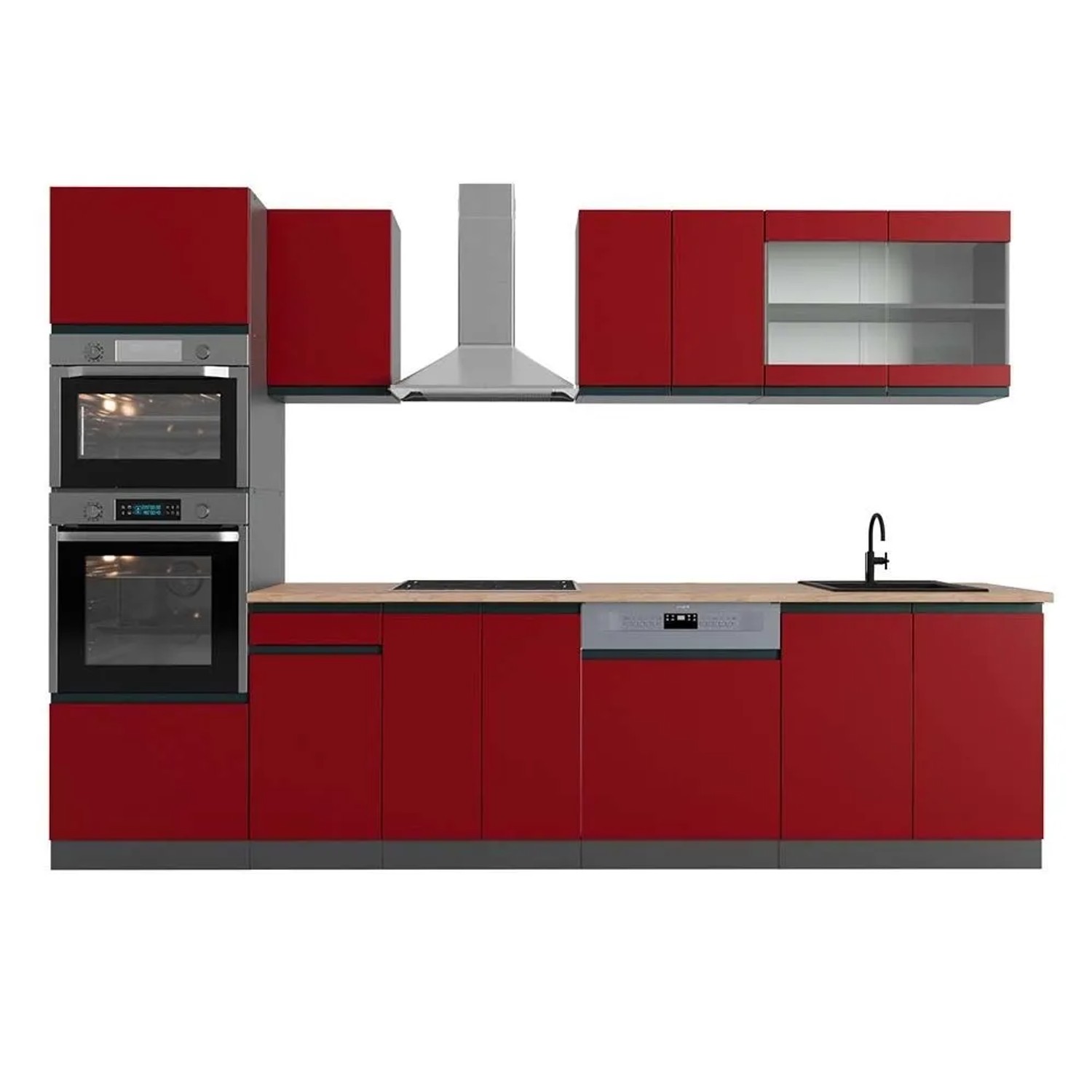 Vicco R-Line Küchenzeile Rot Anthrazit 300 cm mit HochschrankAP Eiche ohne E-Geräte