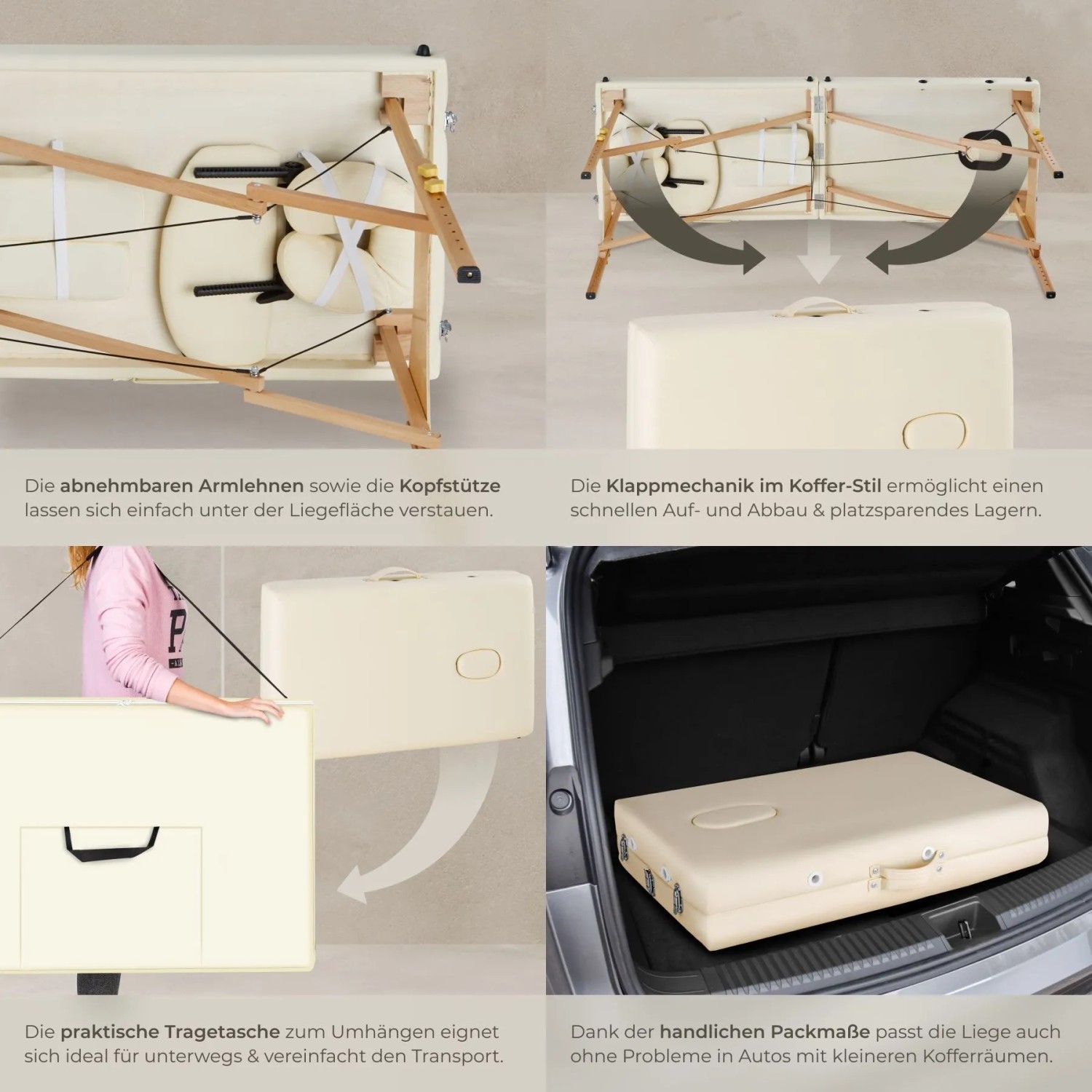 Beige Massageliege Freddi von Tectake, klappbar mit Tragetasche, für einfachen Transport und Lagerung.
