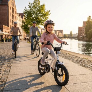 Kind auf weißem PROMETHEUS Kinderfahrrad 12 Zoll mit Stützrädern, Eltern im Hintergrund.
