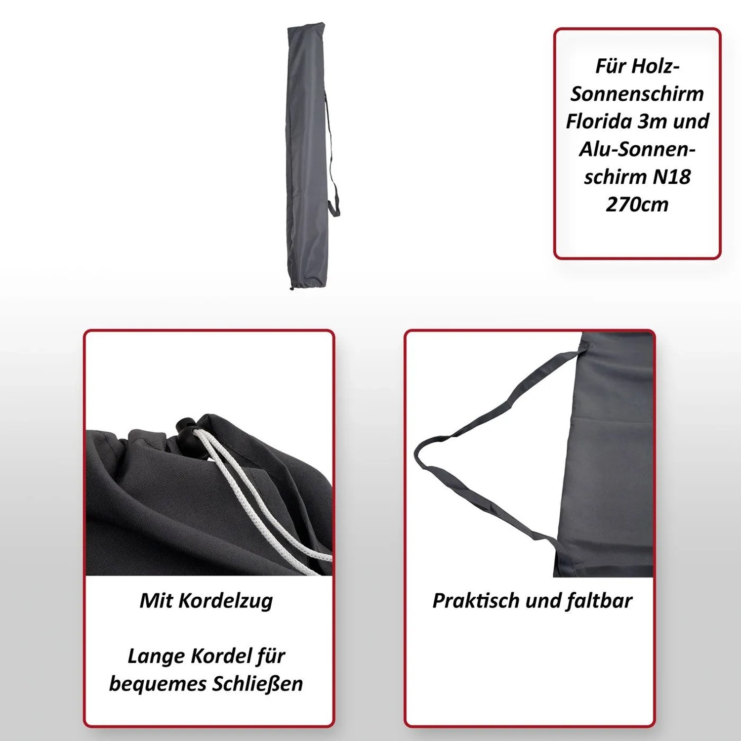 MCW Sonnenschirm Schutzhülle anthrazit, faltbar, mit Kordelzug und Tragegurt.