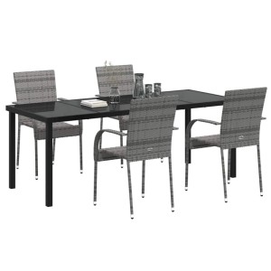 Graue vidaXL Garten Essgruppe aus Poly Rattan. Rechteckiger Tisch mit Glasplatte, 8 Stühle mit Armlehnen.