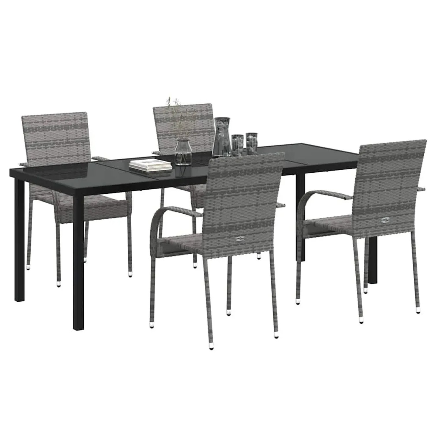 Graue vidaXL Garten Essgruppe aus Poly Rattan. Rechteckiger Tisch mit Glasplatte, 8 Stühle mit Armlehnen.