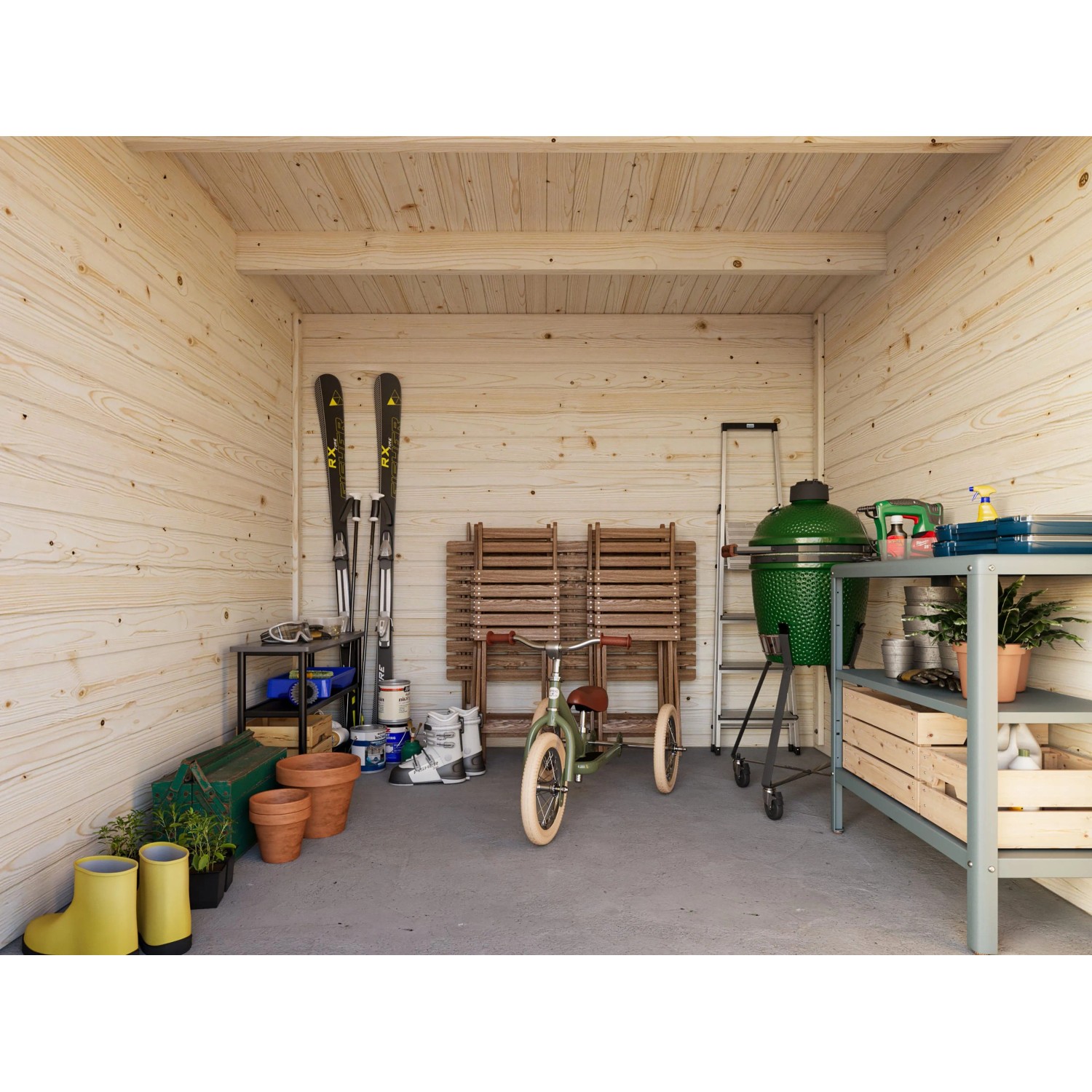 Hellbraunes Palmako Ella Holz-Gartenhaus mit Flachdach und Inneneinrichtung.