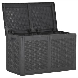 Schwarze VidaXL Garten Aufbewahrungsbox (180 L) aus PP Rattan, Deckel geöffnet.