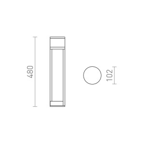 Technische Zeichnung der Rendl Außenleuchte Jean 50. Maße: Höhe 480 mm, Durchmesser 102 mm.