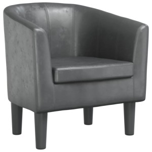 Grauer Clubsessel aus Kunstleder. Moderner Loungesessel mit gepolsterter Sitzfläche und runder Rückenlehne.