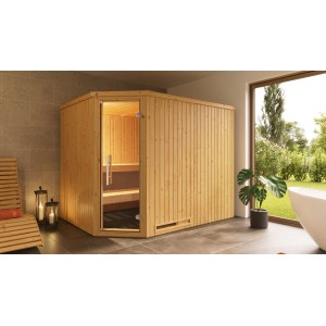 Weka Element-Ecksauna Varberg mit Glastür, Holzverkleidung und Saunaofen im Sparset.