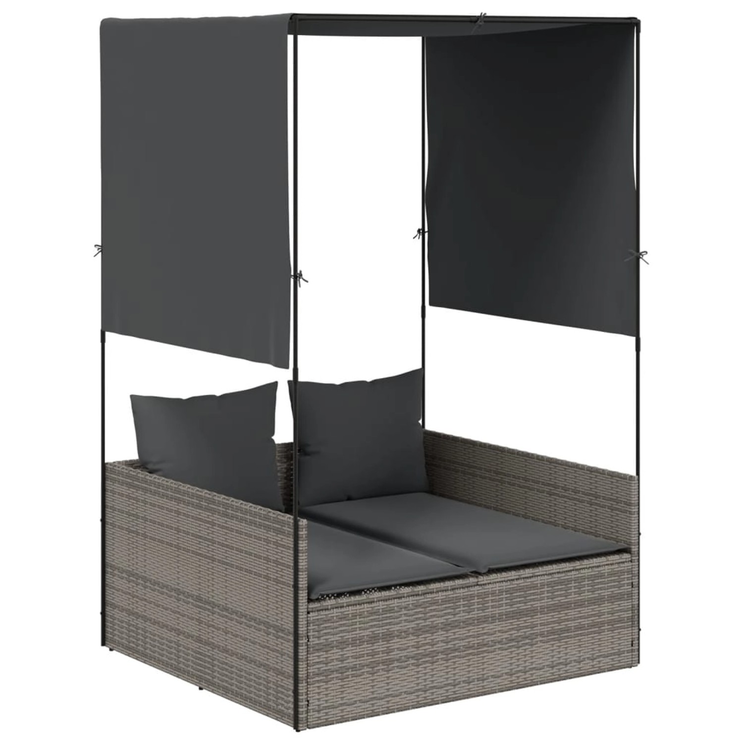 vidaXL Doppel-Sonnenliege mit Dach und Vorhängen Grau Poly Rattan 4002757 günstig online kaufen