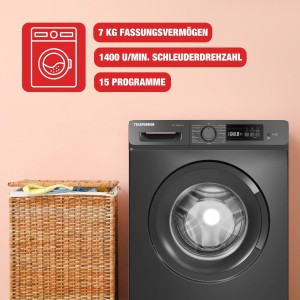 Telefunken Waschmaschine Frontlader in Dark Inox mit 7 kg Fassungsvermögen.