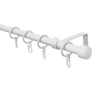 Weißes Gardinenstangen-Set (Ø 16/13 mm) mit Trägern, Endstücken und Ringen mit Faltenlegehaken.