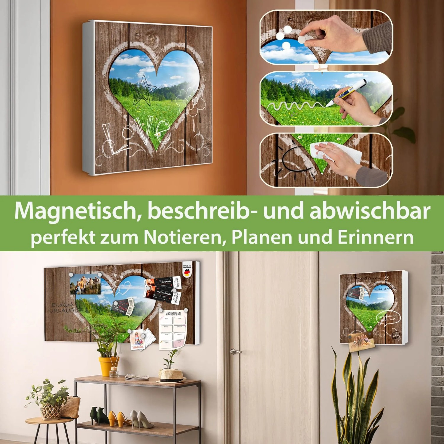 Banjado Großer Schlüsselkasten Metall 30x30cm Weiß Scharnier Links 50 Haken Beschreibbar Magnetisch Motiv Ausblick Mit Herz