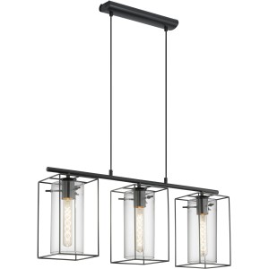 Eglo Pendelleuchte Loncino, 3-flammig, schwarz-transparent mit Rauchglas.
