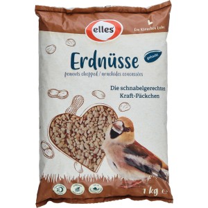 Elles Wildvogelfutter Erdnüsse gehackt, 1kg Packung mit Vogel-Motiv.