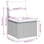 Skizze eines braunen Gartensofas aus Rattan mit Kissen und Maßangaben.