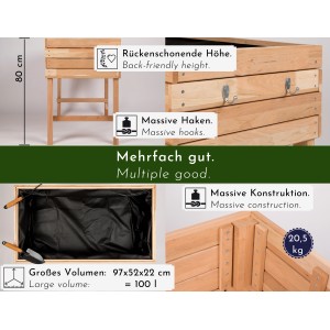 WONDERMAKE Hochbeet aus Kirschbaumholz, rötlich-braun, mit Haken und Innenfolie.