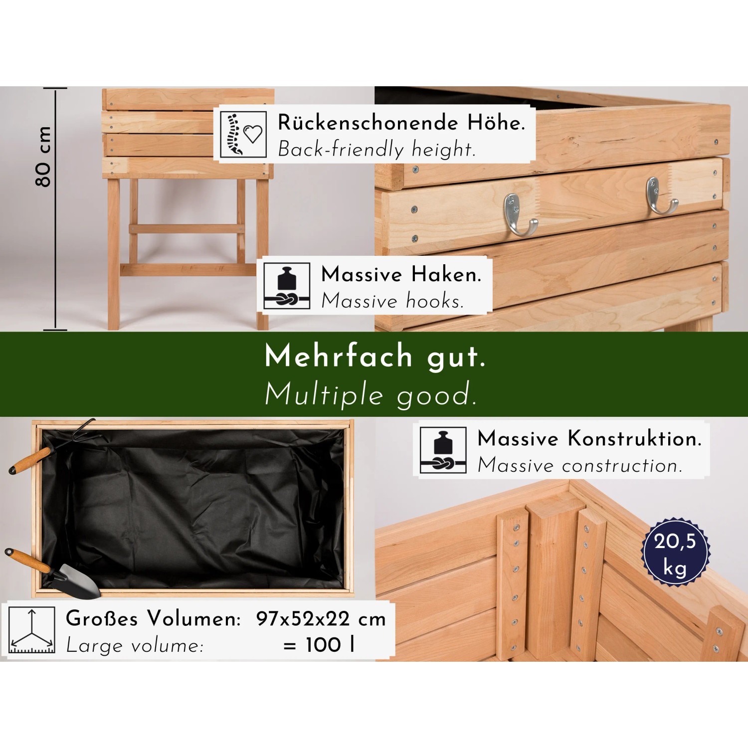 WONDERMAKE Hochbeet aus Kirschbaumholz, rötlich-braun, mit Haken und Innenfolie.