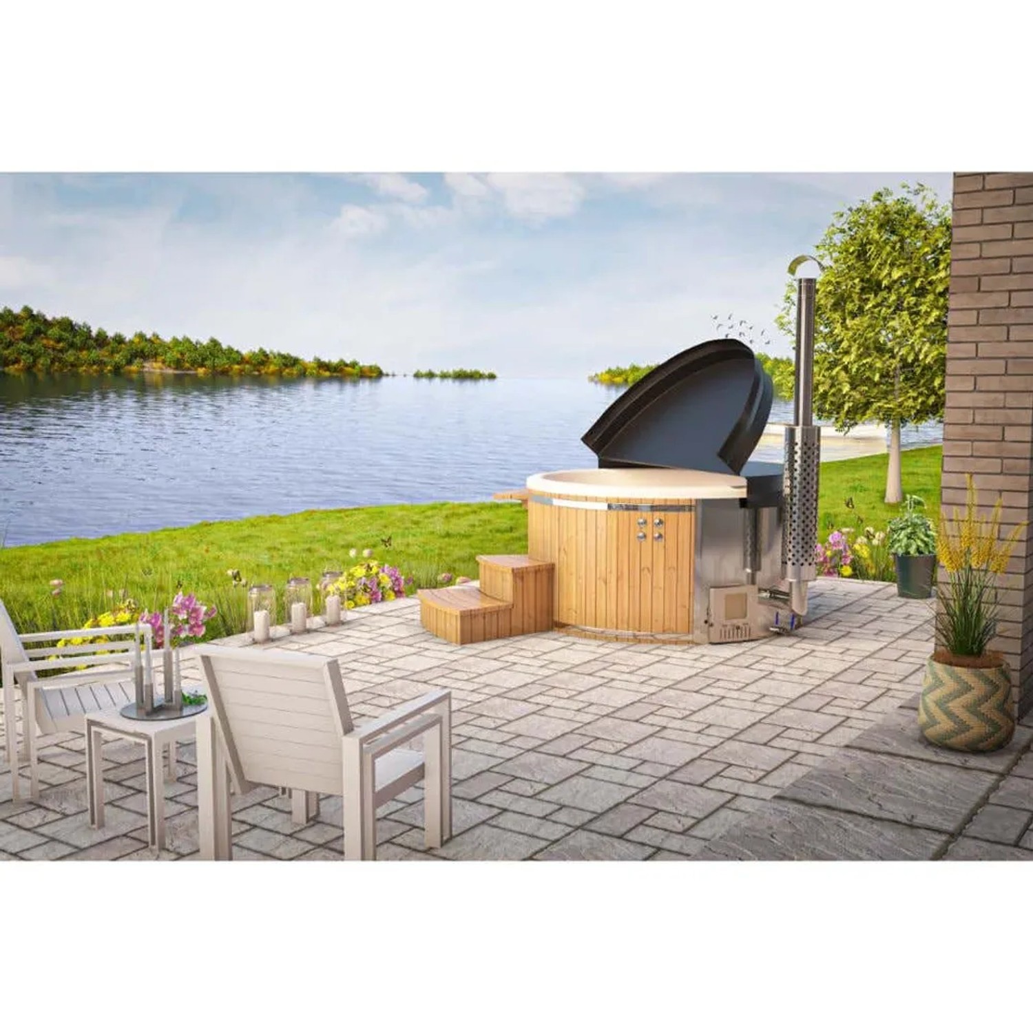 Finntherm Hot Tub Stockholm Spa Edition: Holzpool mit Thermoholz-Verkleidung und GFK-Einsatz im Garten.