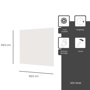 Weiße Fenix Infrarotheizung ECOSUN Glasheizung, 300W, 58,5x58,5cm, mit Maßangaben und Icons.