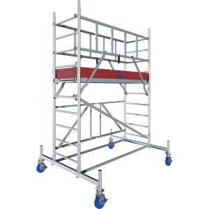 Krause Alu-Fahrgerüst ProTec XS mit roter Arbeitsbühne und blauen Rollen, Arbeitshöhe 3,8 m.