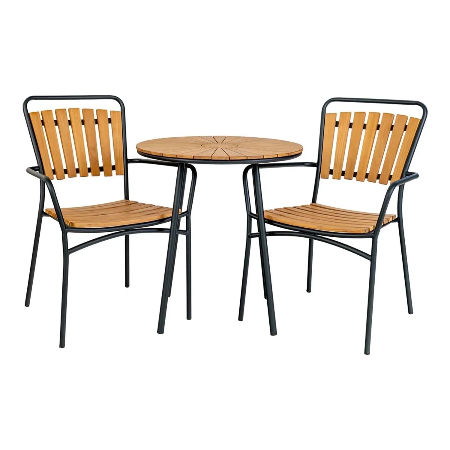 ebuy24 Cleveland Cafétisch mit 2 Stühlen, Teakholz und schwarzes Gestell.